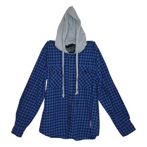 260. Something Strong Hooded Flannel Button Up Plaid Blue / Black Size L for Men